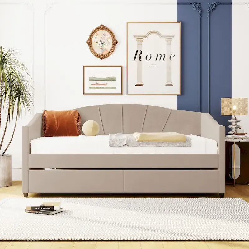 Twin Velvet Upholstered Daybed with Two Storage Drawers and Wood Slat Support