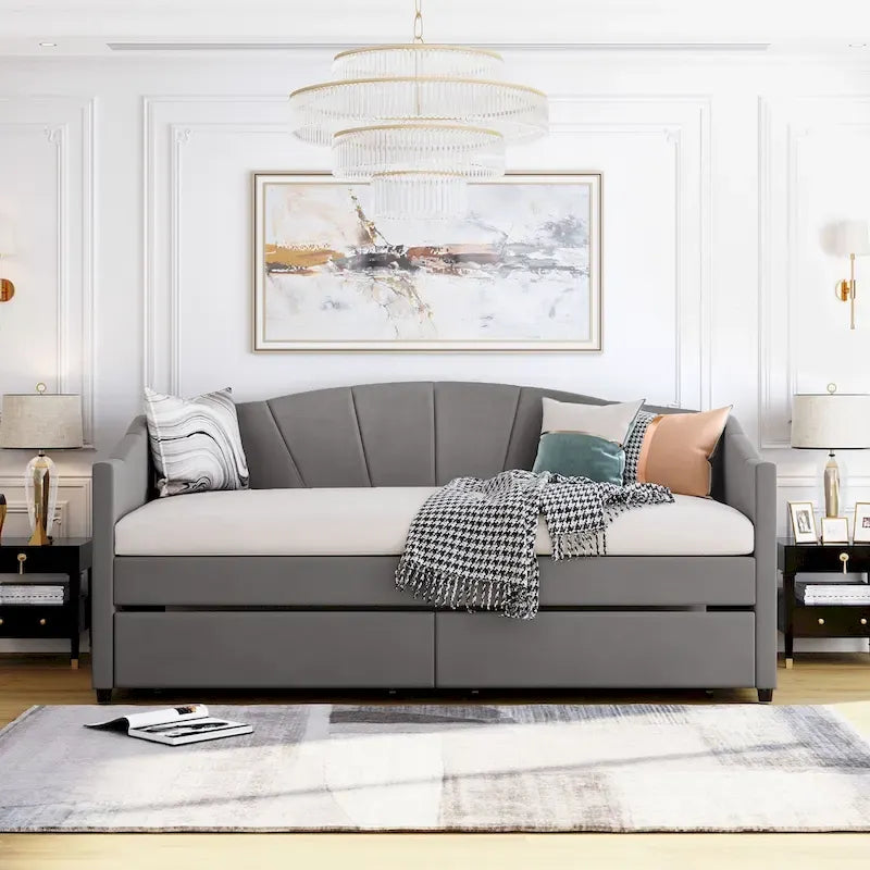 Twin Velvet Upholstered Daybed with Two Storage Drawers and Wood Slat Support