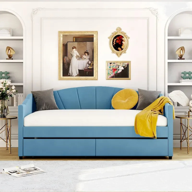 Twin Velvet Upholstered Daybed with Two Storage Drawers and Wood Slat Support