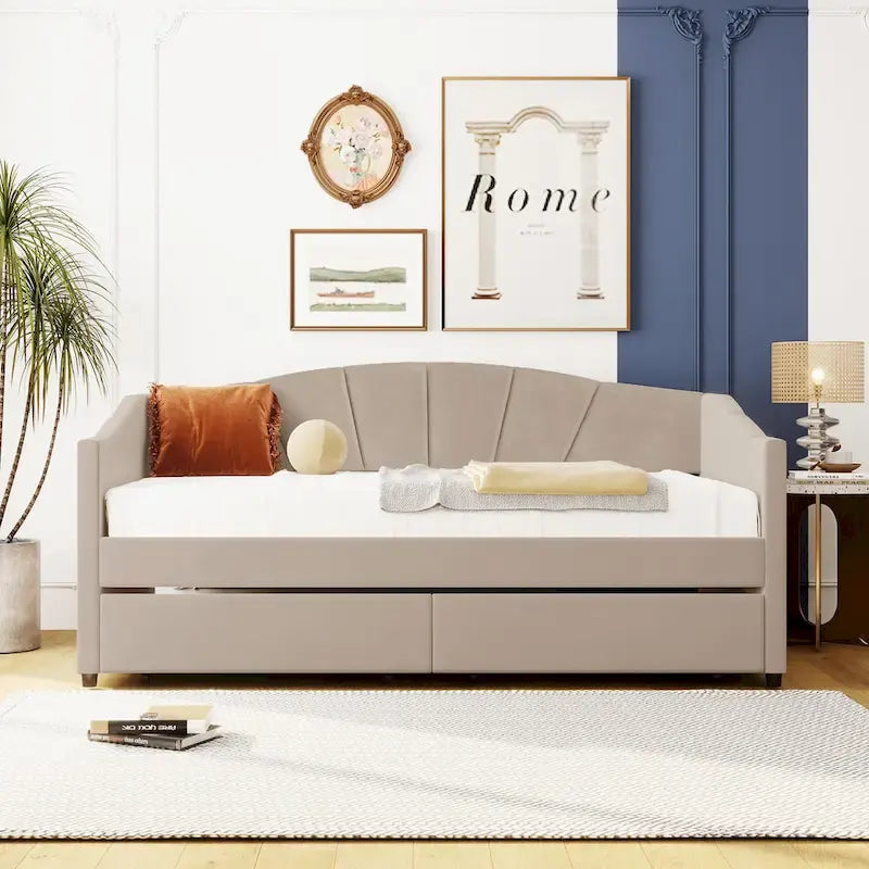 Twin Velvet Upholstered Daybed with Two Storage Drawers and Wood Slat Support