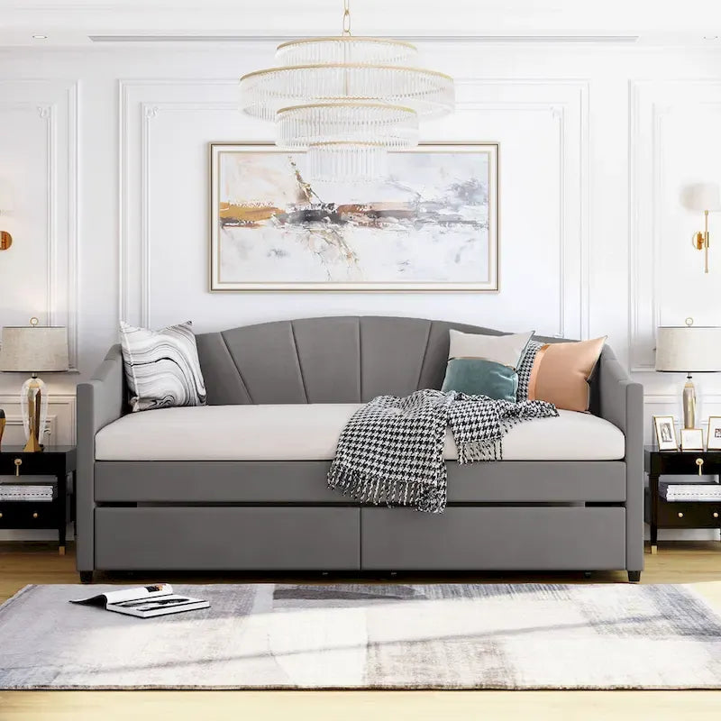 Twin Velvet Upholstered Daybed with Two Storage Drawers and Wood Slat Support