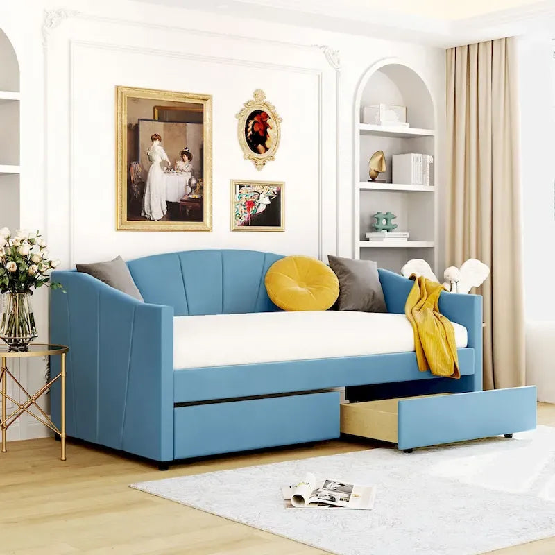 Twin Velvet Upholstered Daybed with Two Storage Drawers and Wood Slat Support
