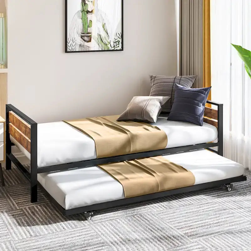Twin Metal Daybed with Pull-Out Trundle and Heavy Duty Steel Slat Support