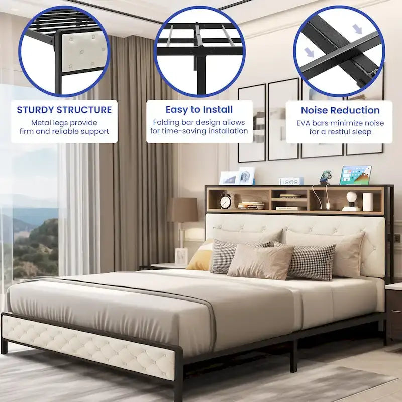 Queen Upholstered Platform Bed Frame with Storage Headboard and USB Charging Ports