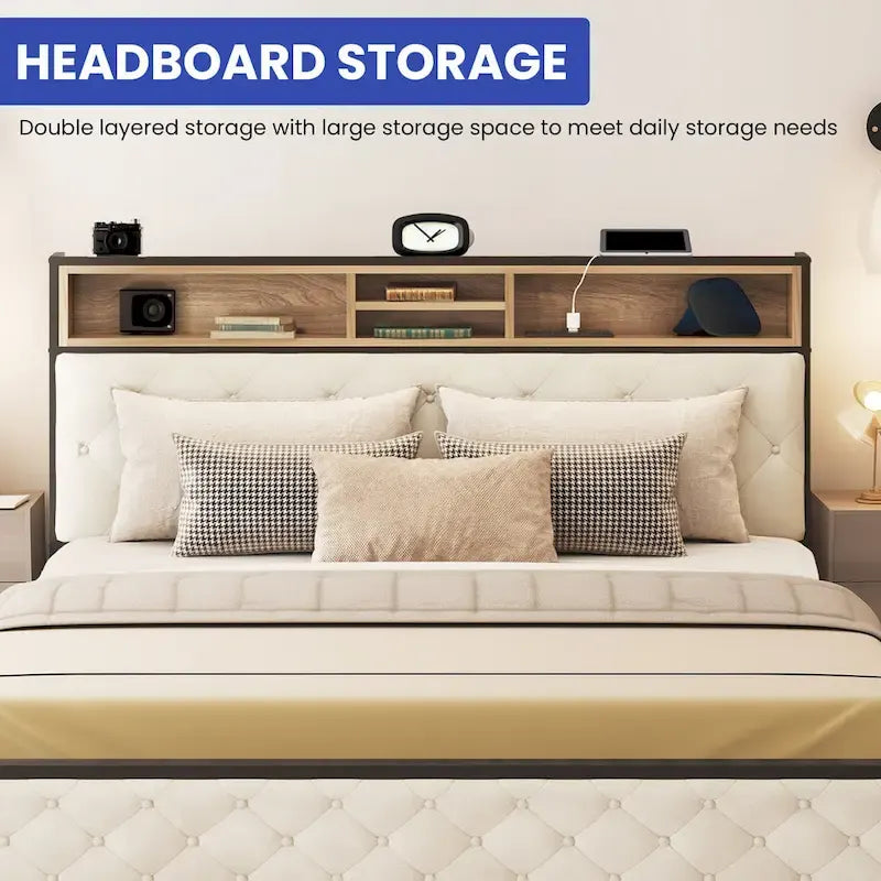 Queen Upholstered Platform Bed Frame with Storage Headboard and USB Charging Ports