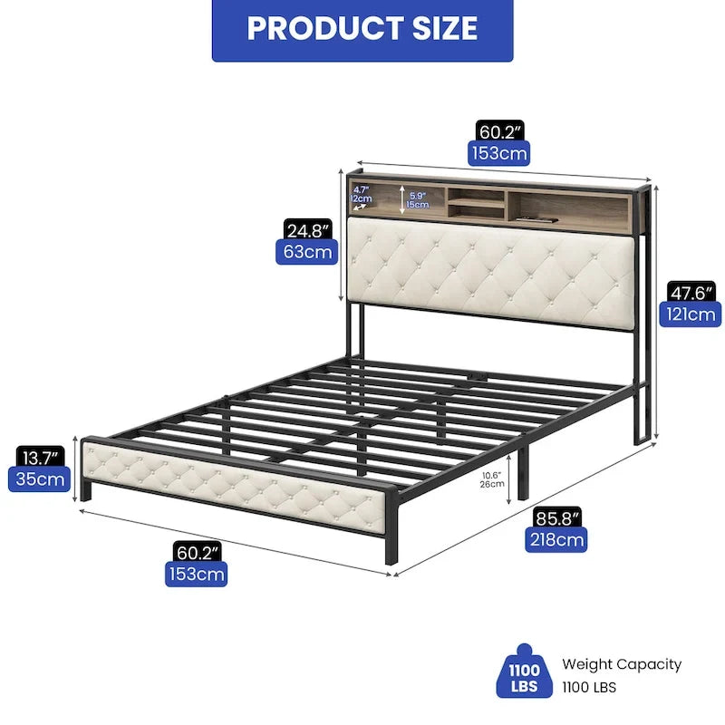 Queen Upholstered Platform Bed Frame with Storage Headboard and USB Charging Ports