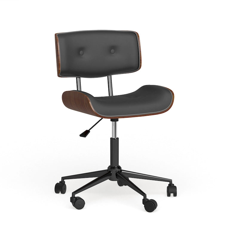 Mid-Century Modern Office Chair with Tufted Leatherette Seat and Wood Back