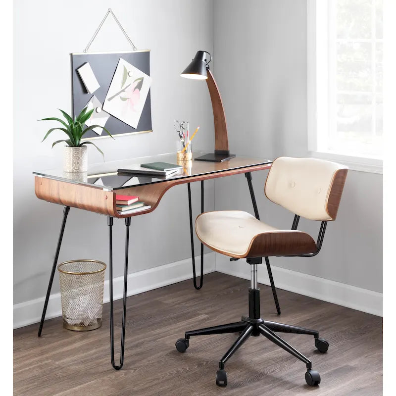 Mid-Century Modern Office Chair with Tufted Leatherette Seat and Wood Back