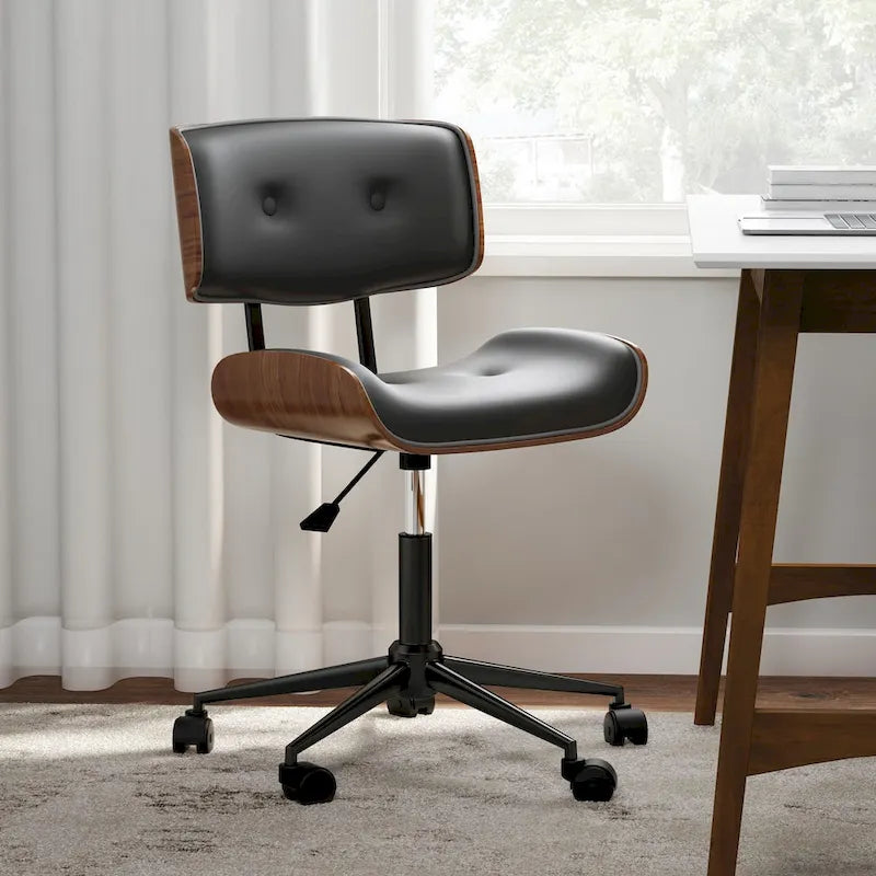 Mid-Century Modern Office Chair with Tufted Leatherette Seat and Wood Back