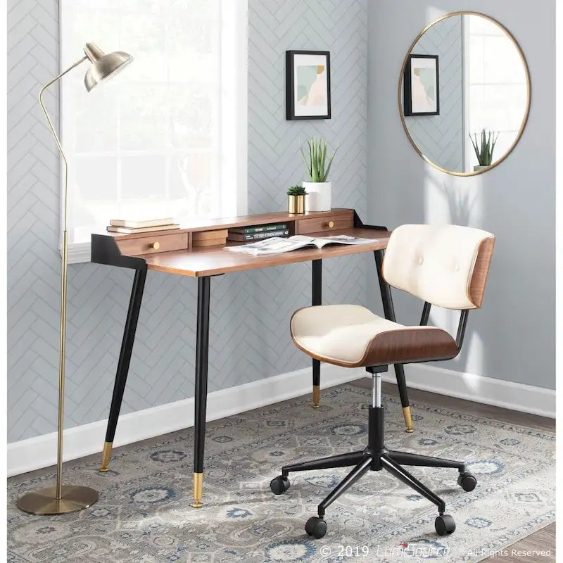 Mid-Century Modern Office Chair with Tufted Leatherette Seat and Wood Back