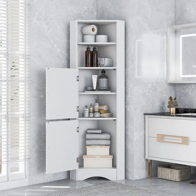 Tall Freestanding Corner Bathroom Storage Cabinet with Doors and Adjustable Shelves