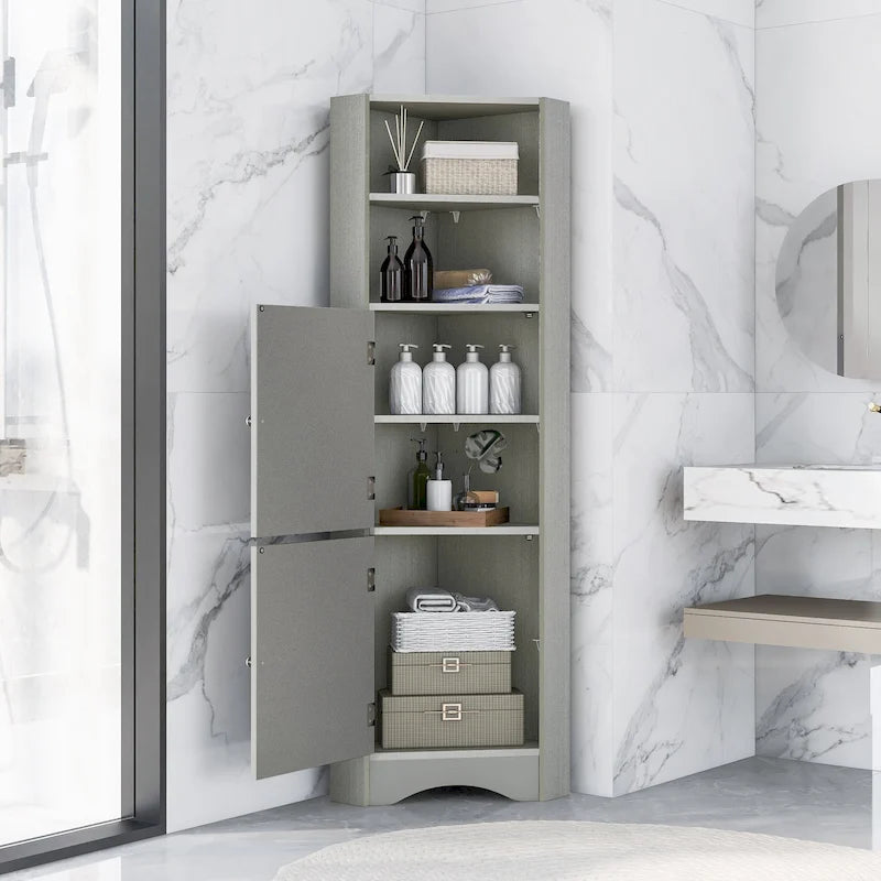 Tall Freestanding Corner Bathroom Storage Cabinet with Doors and Adjustable Shelves
