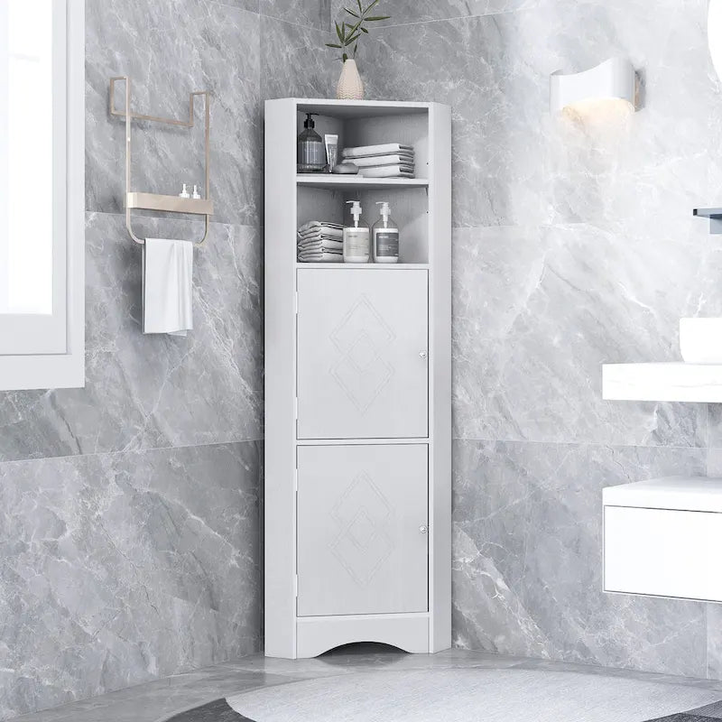 Tall Freestanding Corner Bathroom Storage Cabinet with Doors and Adjustable Shelves