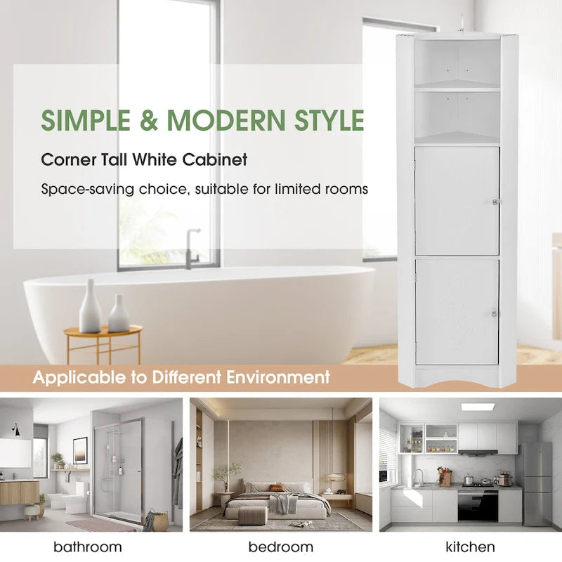 Tall Freestanding Corner Bathroom Storage Cabinet with Doors and Adjustable Shelves