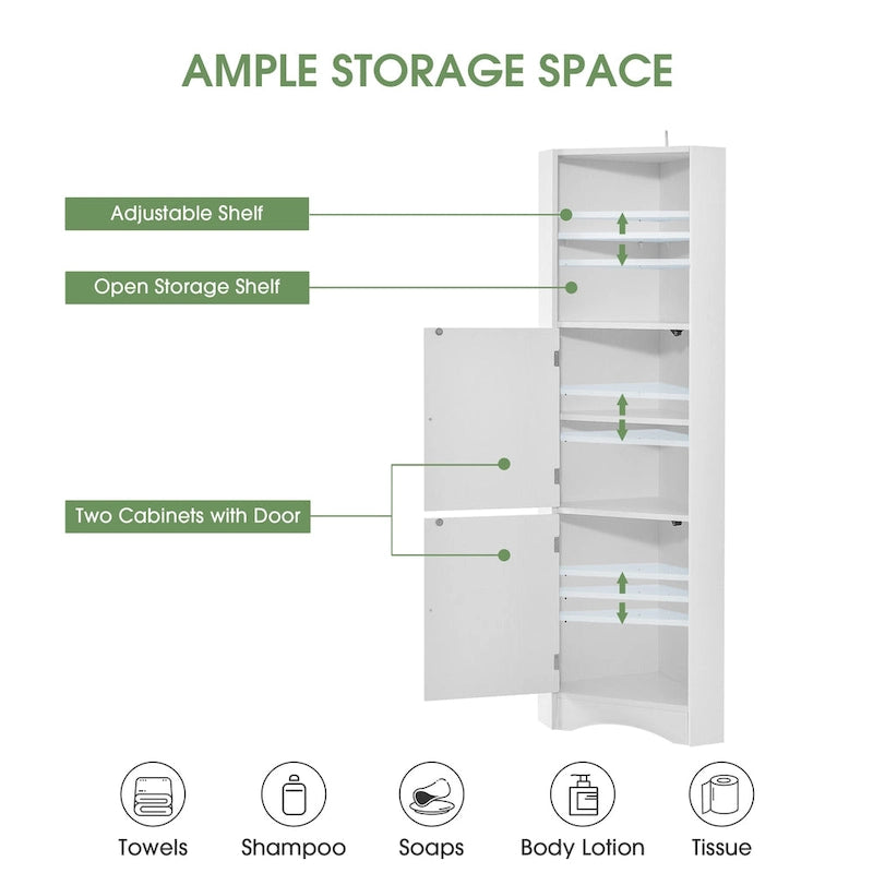 Tall Freestanding Corner Bathroom Storage Cabinet with Doors and Adjustable Shelves