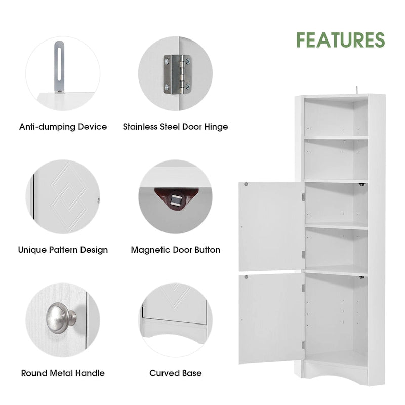 Tall Freestanding Corner Bathroom Storage Cabinet with Doors and Adjustable Shelves