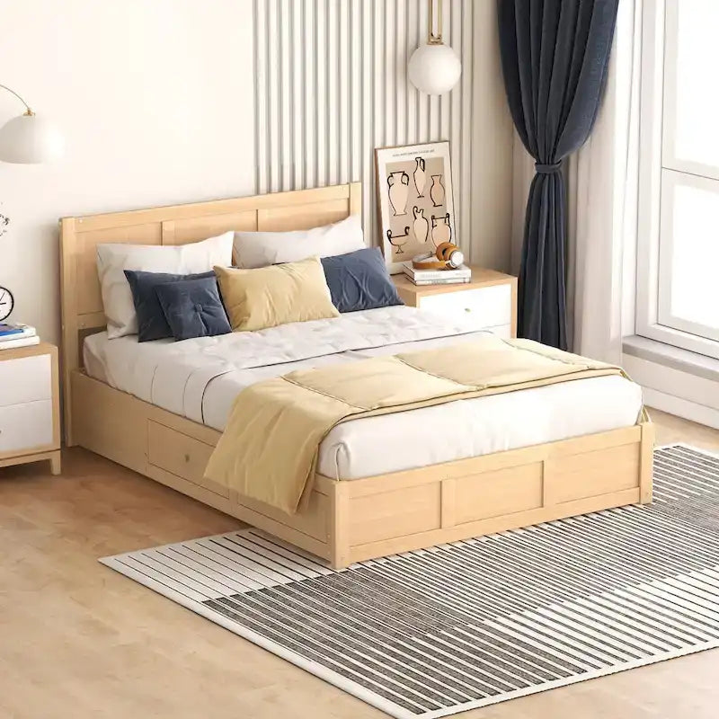 Full Size Wood Platform Bed with 2 Drawers and Under-Bed Storage in Natural Wood