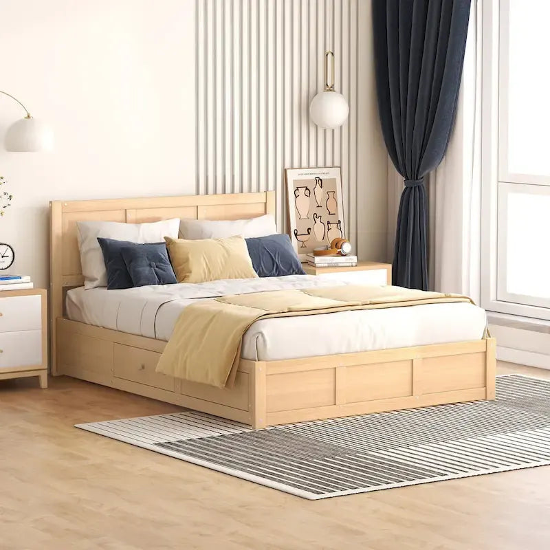 Full Size Wood Platform Bed with 2 Drawers and Under-Bed Storage in Natural Wood