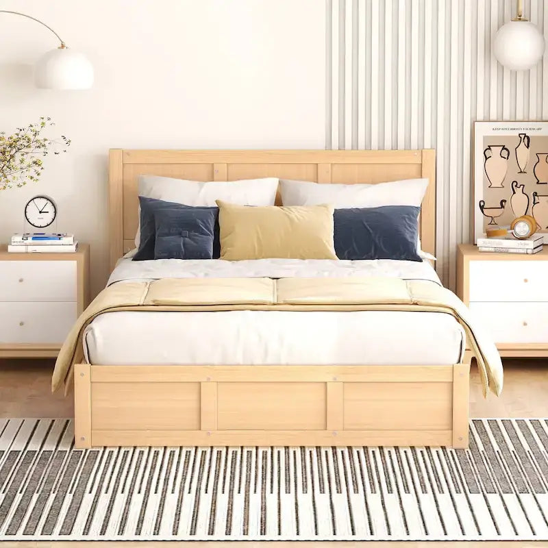 Full Size Wood Platform Bed with 2 Drawers and Under-Bed Storage in Natural Wood