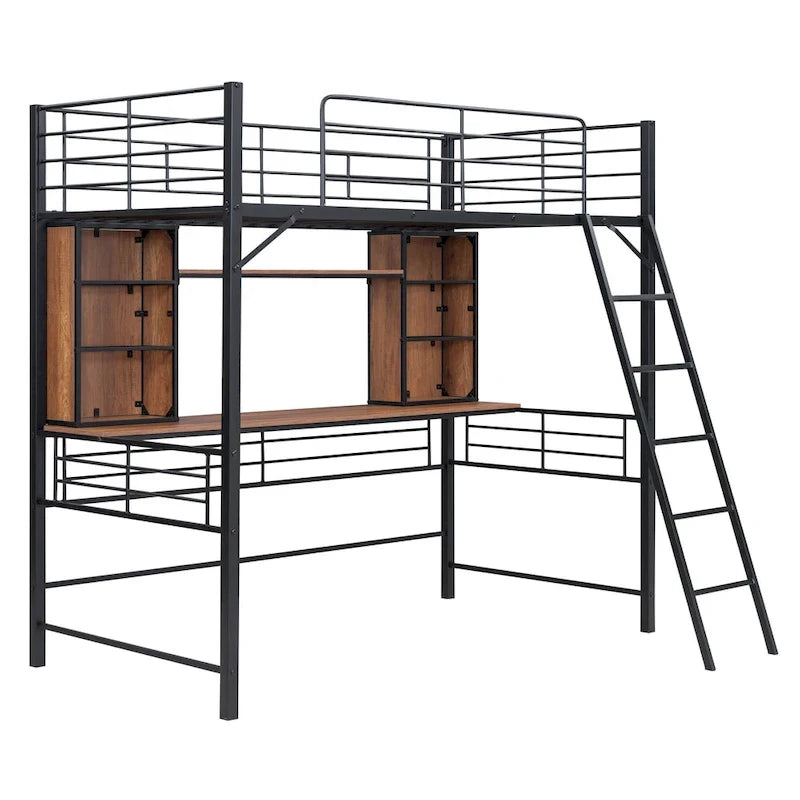 Twin Size Loft Bed with Desk, Shelf and Ladder in Black