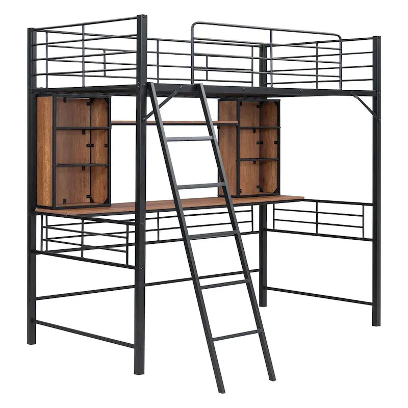 Twin Size Loft Bed with Desk, Shelf and Ladder in Black