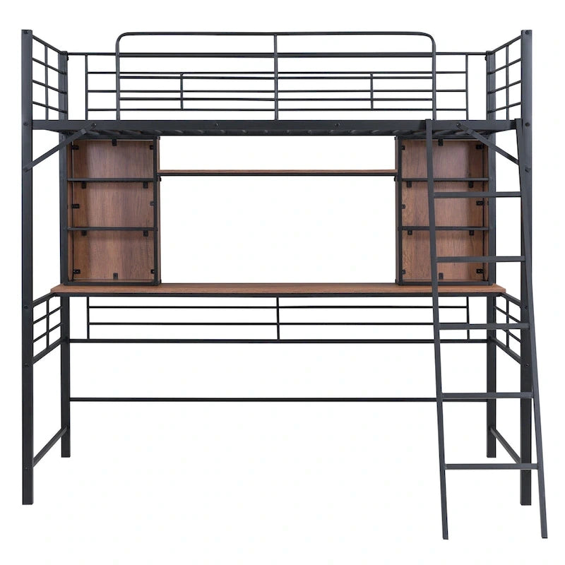 Twin Size Loft Bed with Desk, Shelf and Ladder in Black