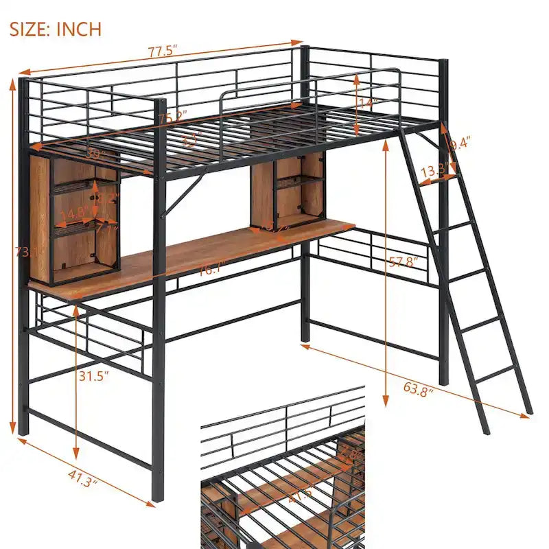 Twin Size Loft Bed with Desk, Shelf and Ladder in Black