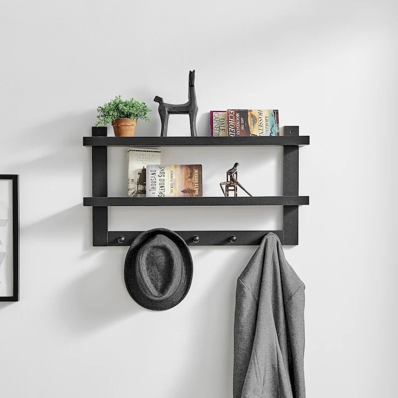2-Tier Wall Shelf Organizer with 5 Hanging Hooks for Entryway or Bathroom