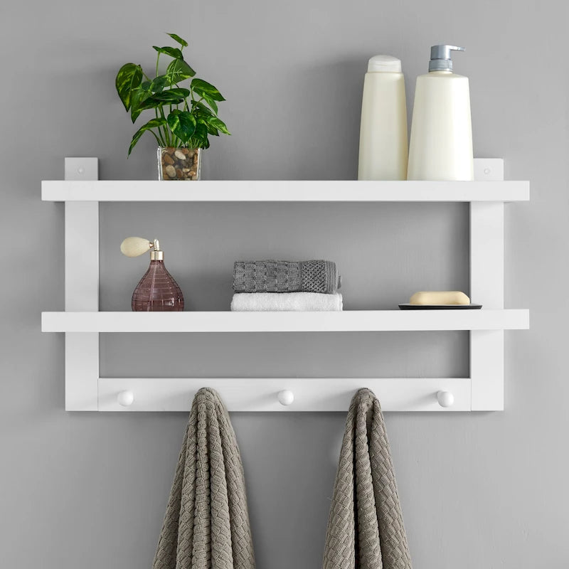 2-Tier Wall Shelf Organizer with 5 Hanging Hooks for Entryway or Bathroom