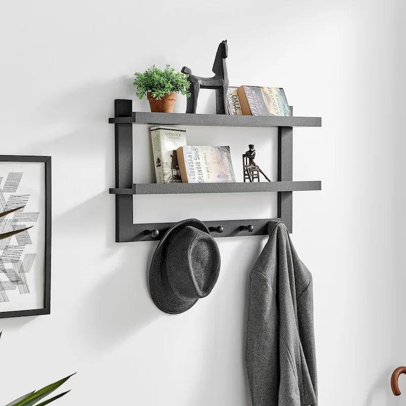 2-Tier Wall Shelf Organizer with 5 Hanging Hooks for Entryway or Bathroom