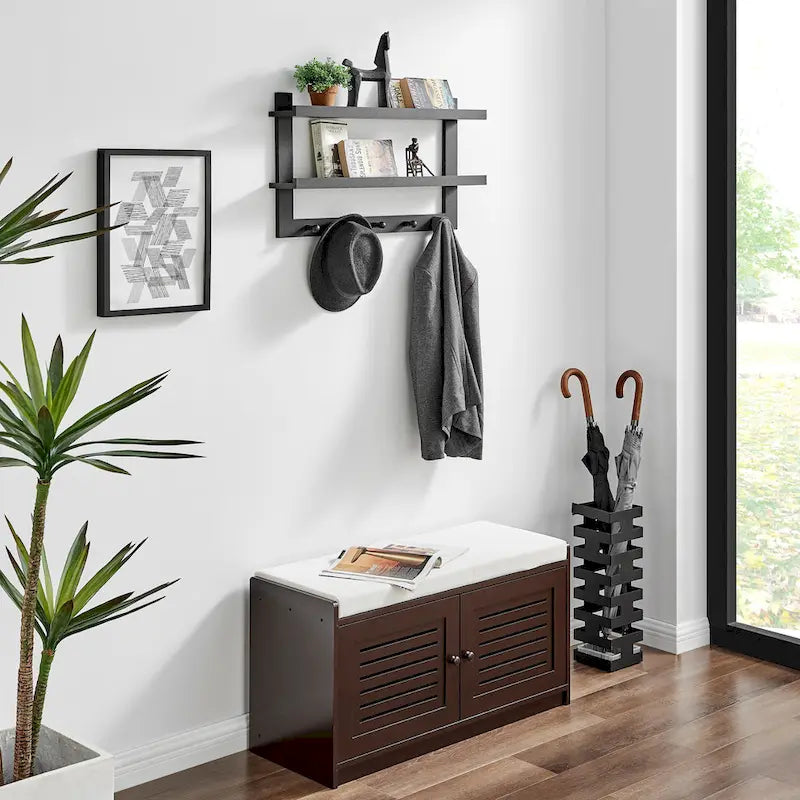 2-Tier Wall Shelf Organizer with 5 Hanging Hooks for Entryway or Bathroom