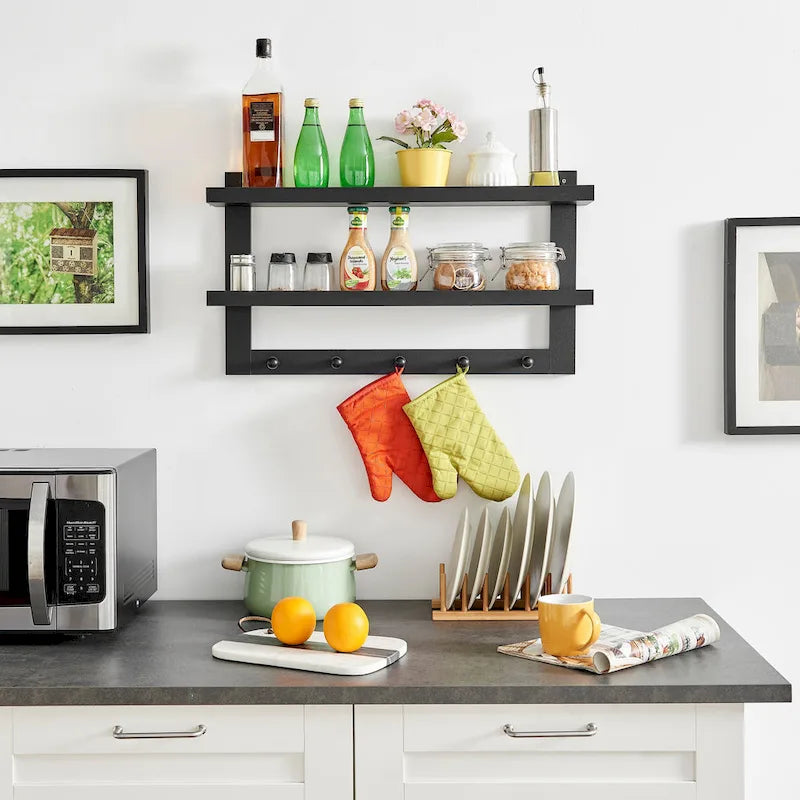 2-Tier Wall Shelf Organizer with 5 Hanging Hooks for Entryway or Bathroom