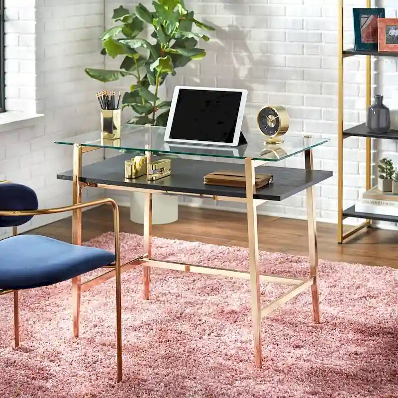 Mid-Century Tempered Glass Top Desk with Gold Metal Frame and Open Shelf