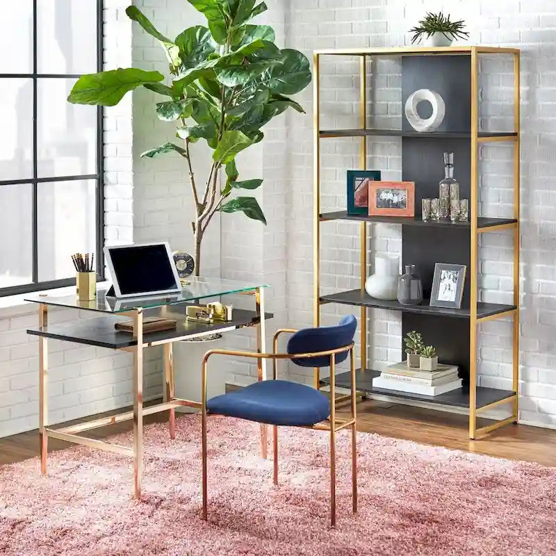 Mid-Century Tempered Glass Top Desk with Gold Metal Frame and Open Shelf