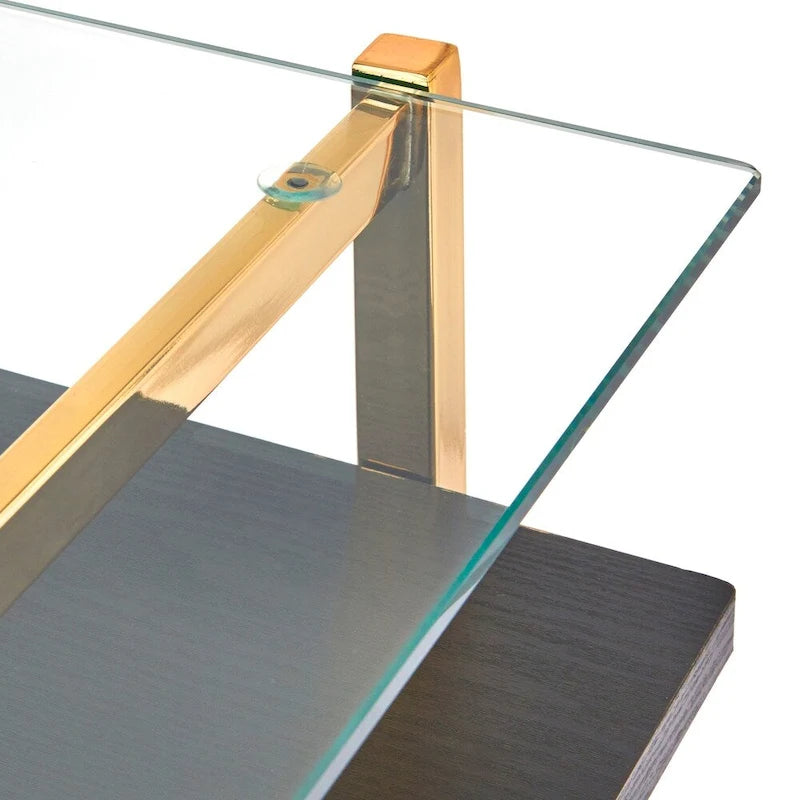 Mid-Century Tempered Glass Top Desk with Gold Metal Frame and Open Shelf