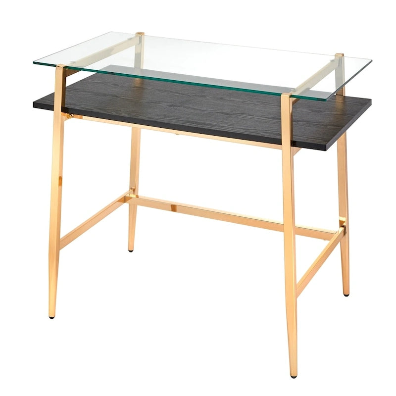 Mid-Century Tempered Glass Top Desk with Gold Metal Frame and Open Shelf