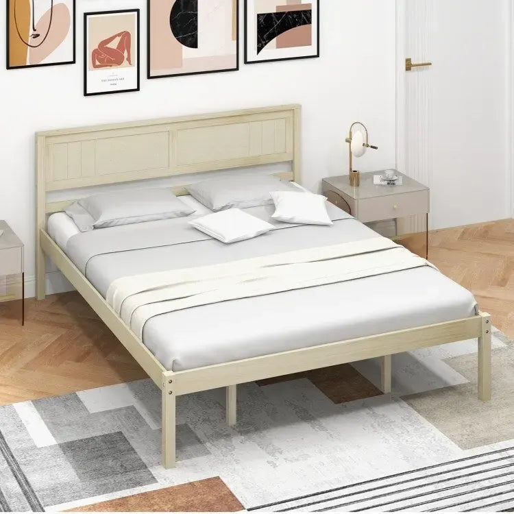 Solid Wood Bed Frame with Retro Headboard and Slat Support, Twin Full Queen