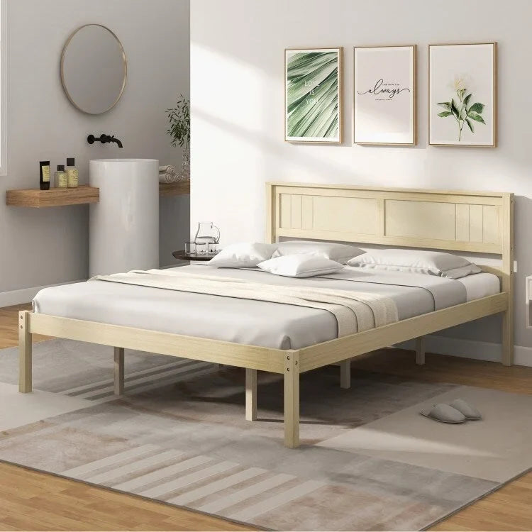 Solid Wood Bed Frame with Retro Headboard and Slat Support, Twin Full Queen