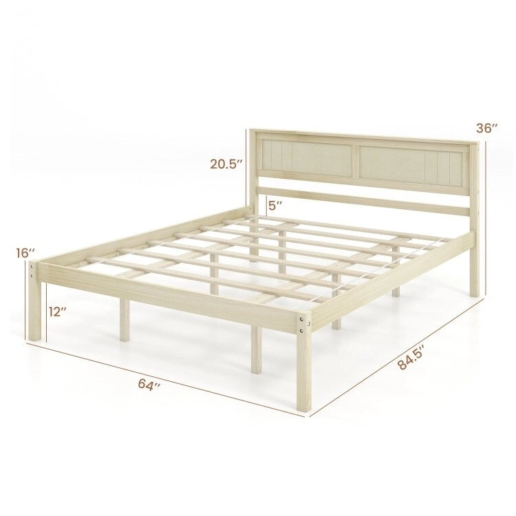 Solid Wood Bed Frame with Retro Headboard and Slat Support, Twin Full Queen