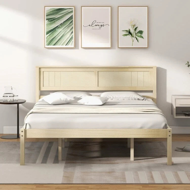 Solid Wood Bed Frame with Retro Headboard and Slat Support, Twin Full Queen