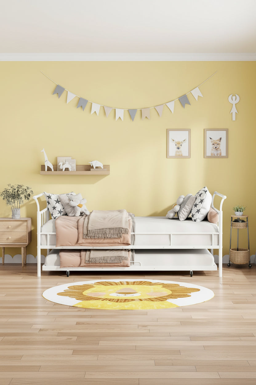 Twin Metal Daybed with Curved Handle Design and Pull-Out Trundle Bed