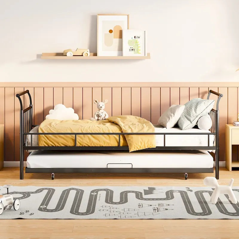 Twin Metal Daybed with Curved Handle Design and Pull-Out Trundle Bed