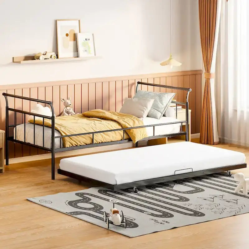 Twin Metal Daybed with Curved Handle Design and Pull-Out Trundle Bed