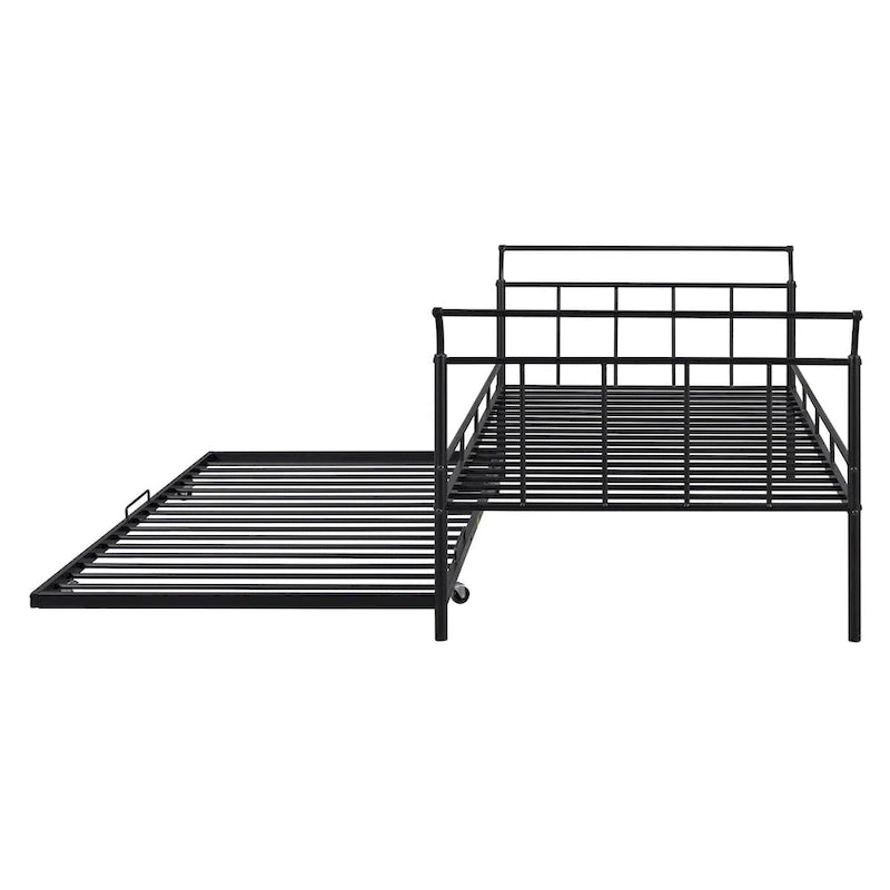 Twin Metal Daybed with Curved Handle Design and Pull-Out Trundle Bed