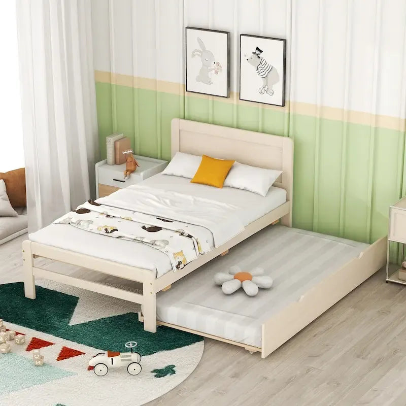 Modern Wood Platform Bed Frame with Pull-Out Trundle Bed