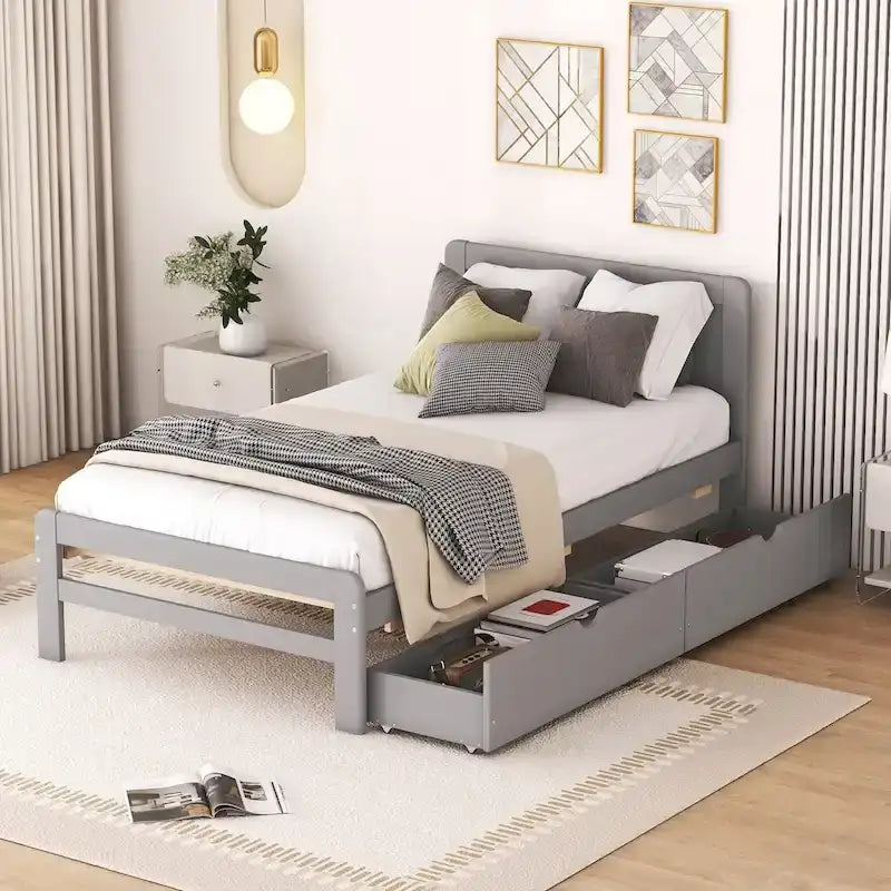 Modern Wood Platform Bed Frame with Pull-Out Trundle Bed
