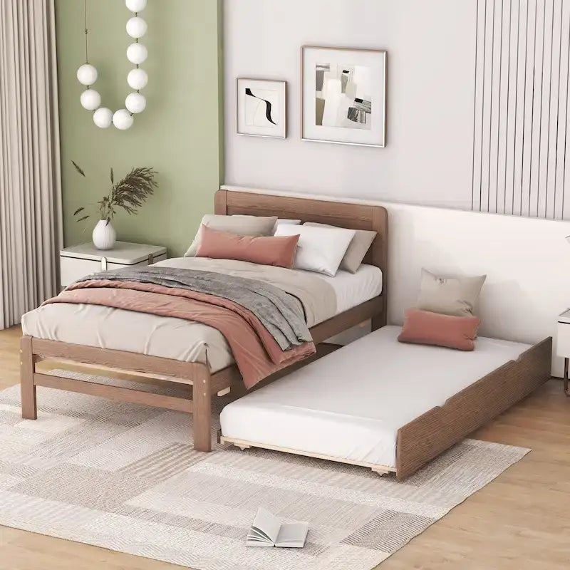Modern Wood Platform Bed Frame with Pull-Out Trundle Bed
