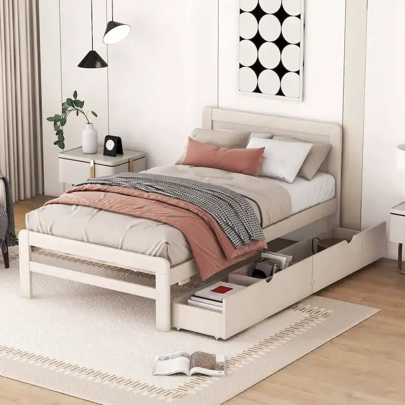 Modern Wood Platform Bed Frame with Pull-Out Trundle Bed