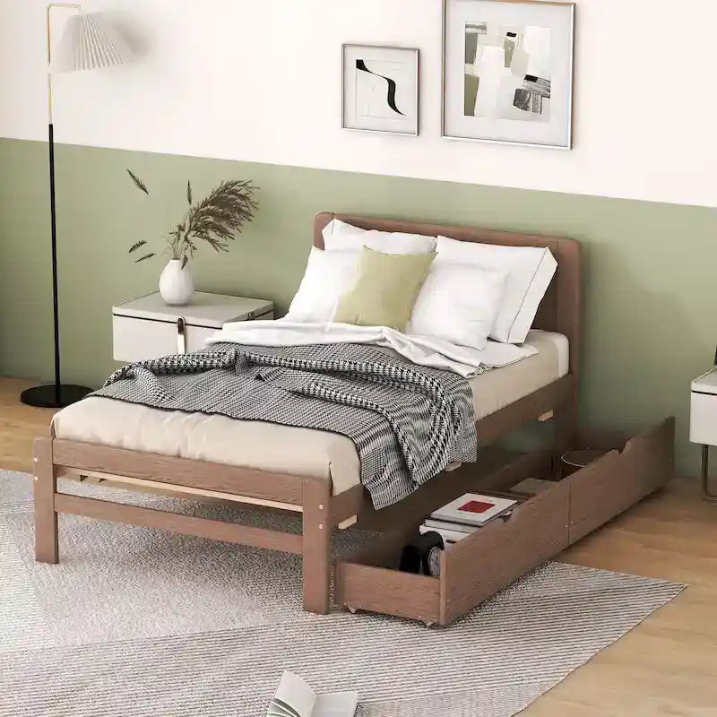 Modern Wood Platform Bed Frame with Pull-Out Trundle Bed