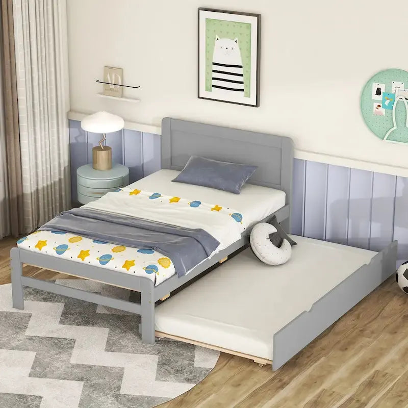 Modern Wood Platform Bed Frame with Pull-Out Trundle Bed